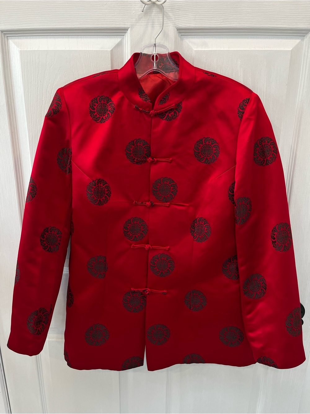 Handmade Red Satin Tang Suit Jacket Mens M Mandarin Collar Frog Button Brocade